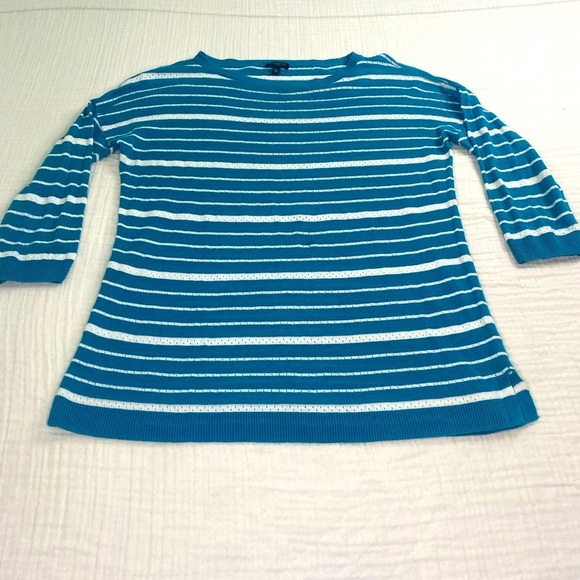 Talbots Tops - Talbots Sweater Shirt Teal Striped Linen Blend 3/4 Length Medium Petite Coastal